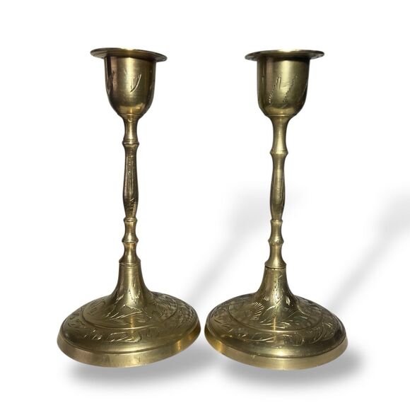 Pair Of Vintage India Brass Candlesticks Engraved 2 Candle Holders Home Altar - Picture 1 of 10